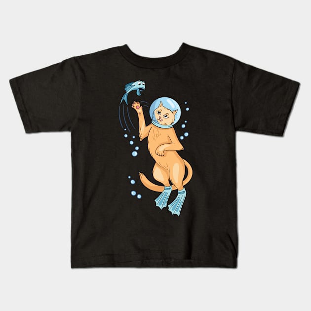 Diving Cat with Fish I Deep Diving I Heliox Scuba Diving Kids T-Shirt by schmomsen